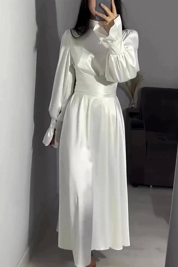 WW | Einfarbiger Rüschensleeve Taillierter Krawatten Slim Fit Maxikleid