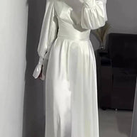 WW | Einfarbiger Rüschensleeve Taillierter Krawatten Slim Fit Maxikleid