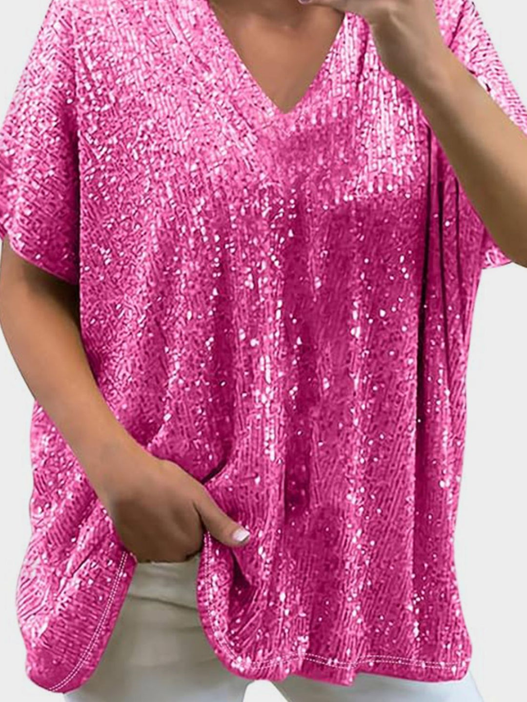 W&W Mode | Paillettenoberteil mit V-Ausschnitt und kurzen Ärmeln für Damen