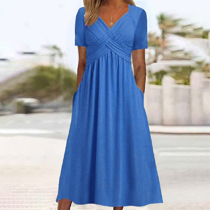W&W Mode | Blaues, Schlichtes Midikleid Mit V-ausschnitt