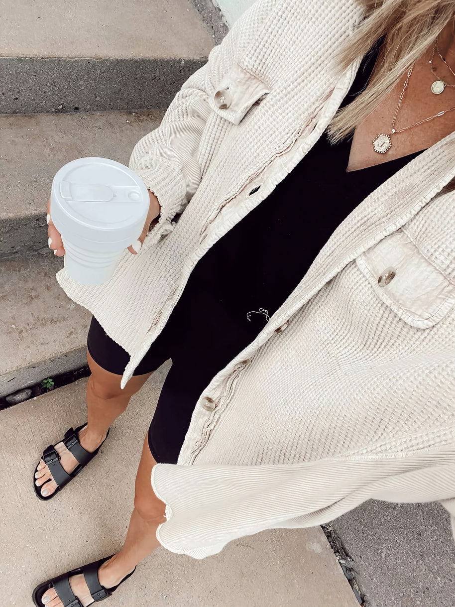 Waffelknopf-Langarmhemdjacke