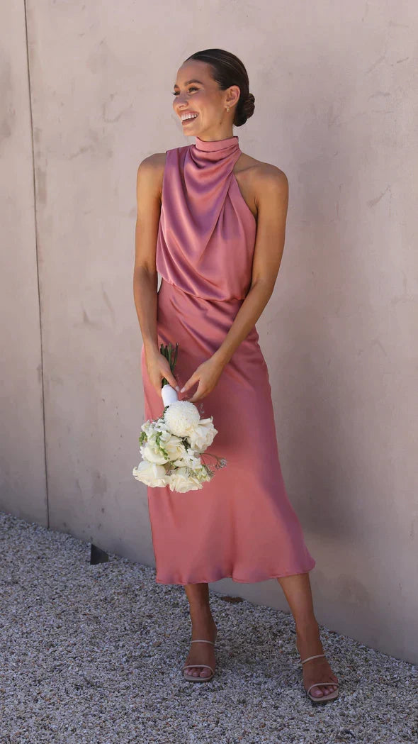 W&W Mode | Elegantes Satin Midikleid Mit Drapiertem Ausschnitt Für Damen