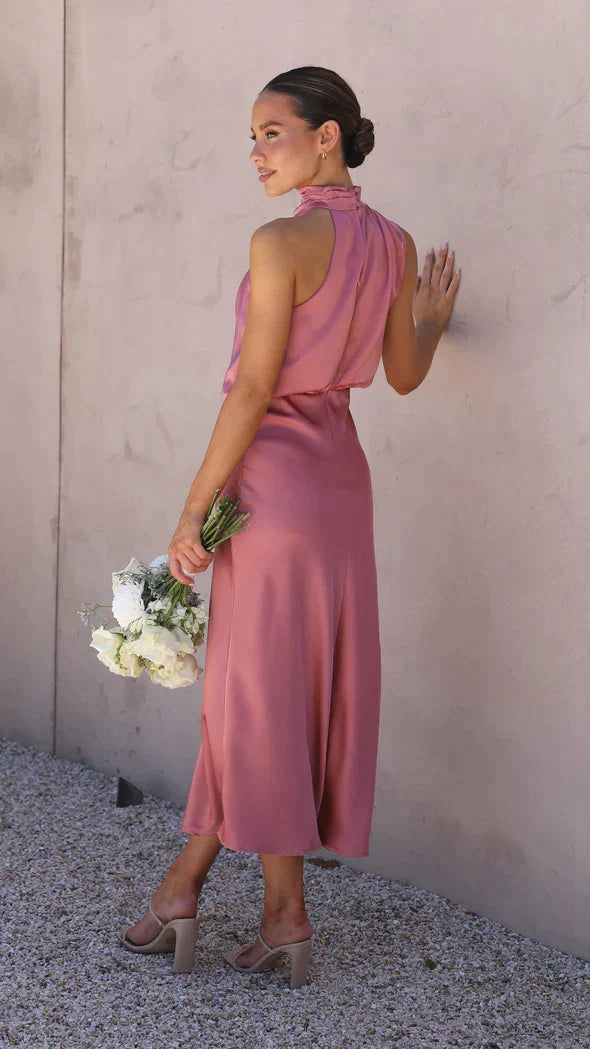 W&W Mode | Elegantes Satin Midikleid Mit Drapiertem Ausschnitt Für Damen