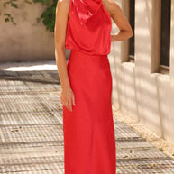 WW | Elegantes Brautjungfernkleid Mit Langem Neckholder Aus Satin