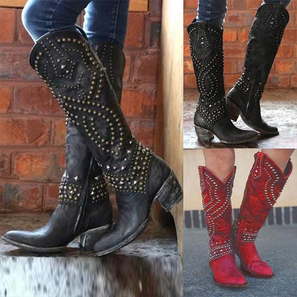 W&W Mode - Hohe Stiefel Mit Metallnieten Und Kobigem Absatz