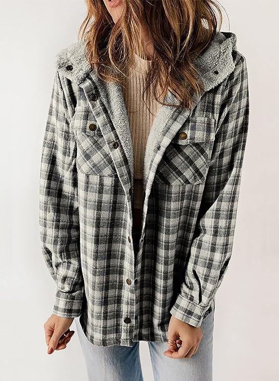 W&W Mode | Plaid Jacke Langarm Schnalle Wolle mit Kapuze