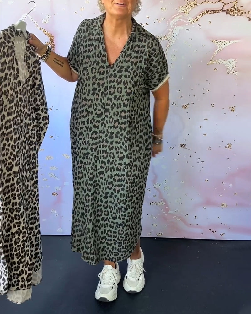 WW | Kurzärmliges Kleid mit Leopardenmuster und V-Ausschnitt