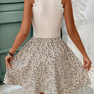 WW | Elegantes Kleid mit Blumenmuster und Spitze Halter Ohne Ärmel Sommer