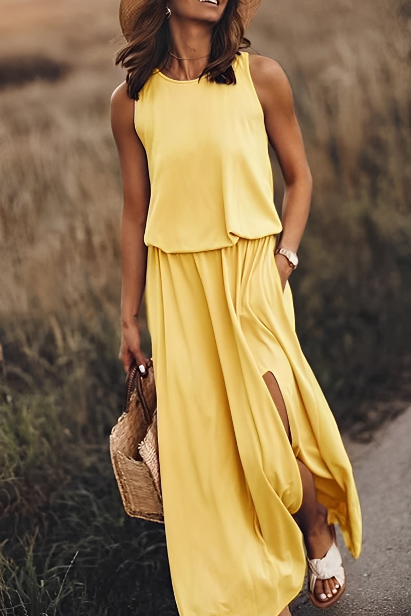 WW langes Kleid | Elegantes ärmelloses Sommerkleid mit Ausschnitten