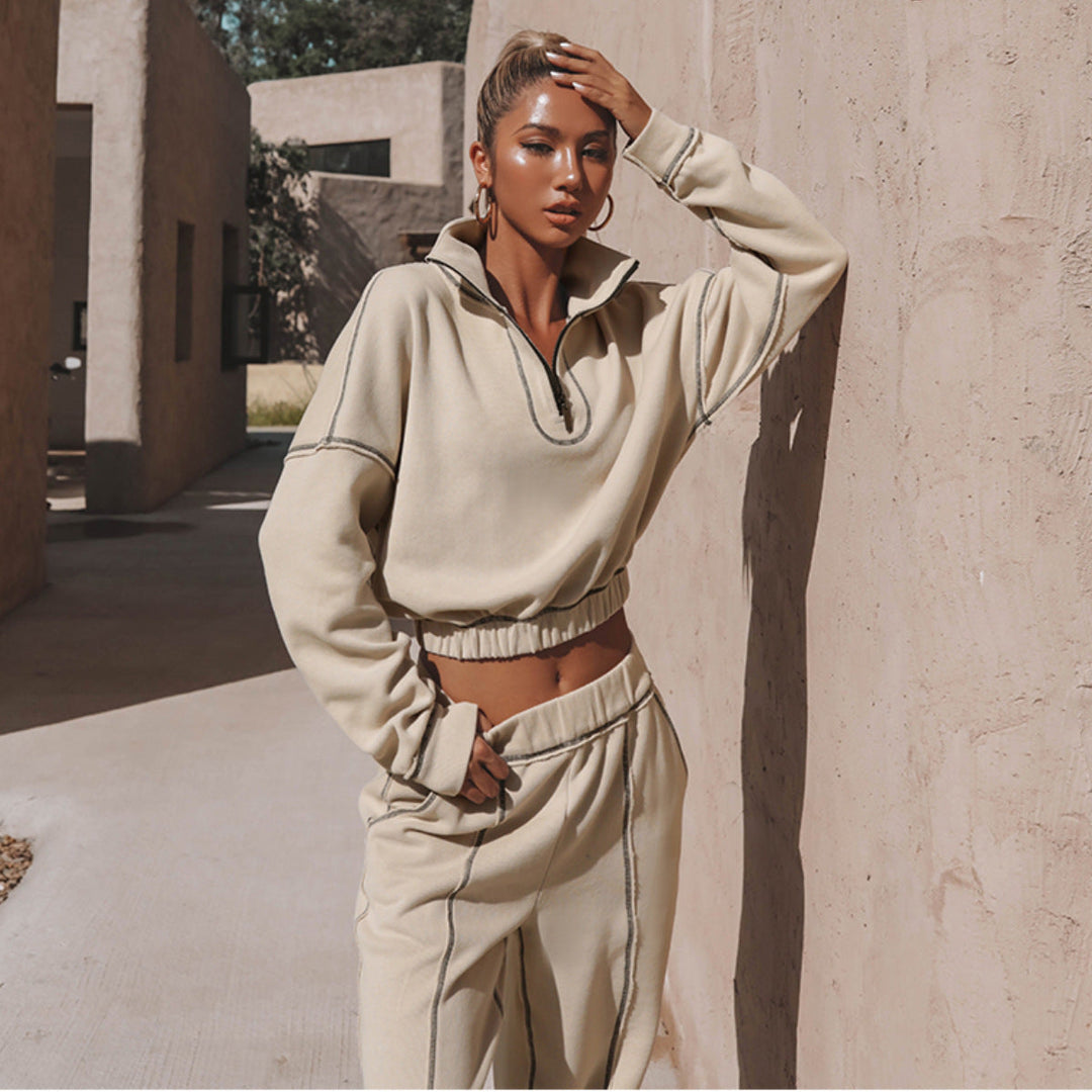 W&W Mode | teil sportlicher cropped Sweatshirt mit Jogginghose - Damen Pullover Tracksuit mit Reißverschluss und elastischem Bund