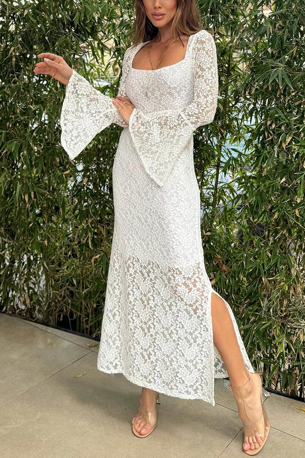 WW | Luxus Lifestyle Spitze Quadrat-Ausschnitt Glockenärmel Futter Schlitz Midi-Kleid