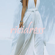 WW Whispers – Drapiertes Maxikleid aus Leinenmischung mit tiefem V-Ausschnitt, Neckholder und rückenfreiem Überzug