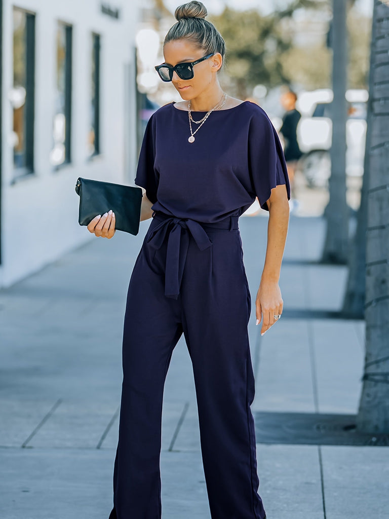 WW | Hohe Taille Breite Beine Kurzarm Gürtel Jumpsuit