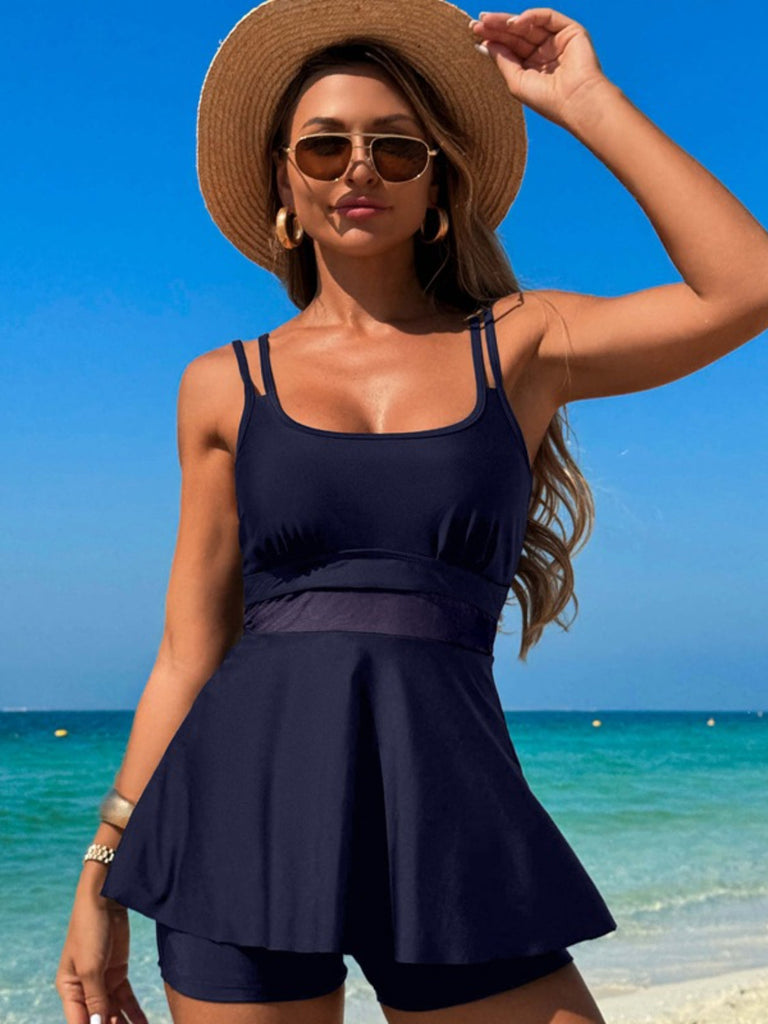 WW | Rundhals-Doppel-Spaghetti-Träger-Top und Shorts-Set