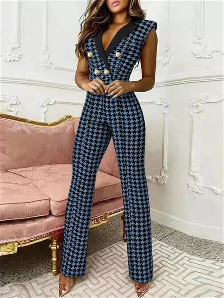 Damen-Jumpsuit mit V-Ausschnitt und Hahnentrittmuster