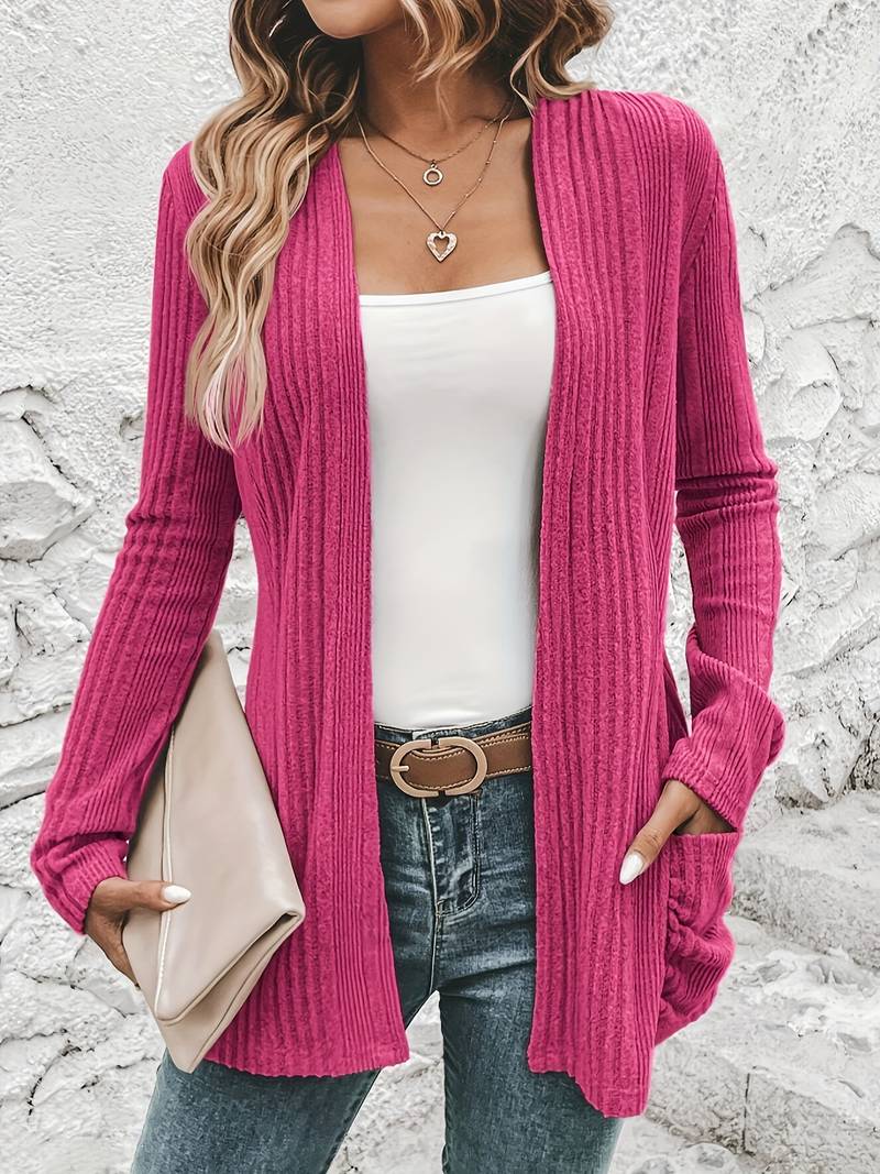WW | Langärmliger Strickjacke Mit Offener Vorderseite Und Zwei Taschen