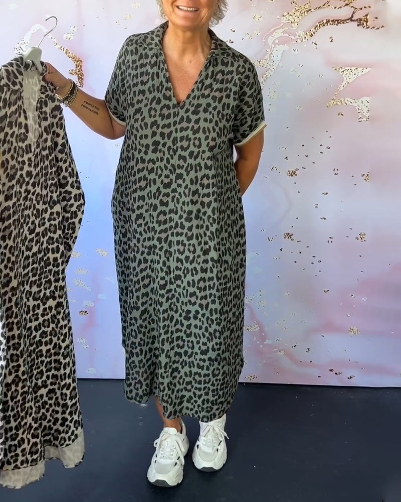 WW | Kurzärmliges Kleid mit Leopardenmuster und V-Ausschnitt