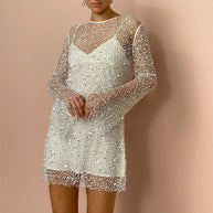 WW | Perlen See-through Mesh Zweiteiliges Set Sling Kleid
