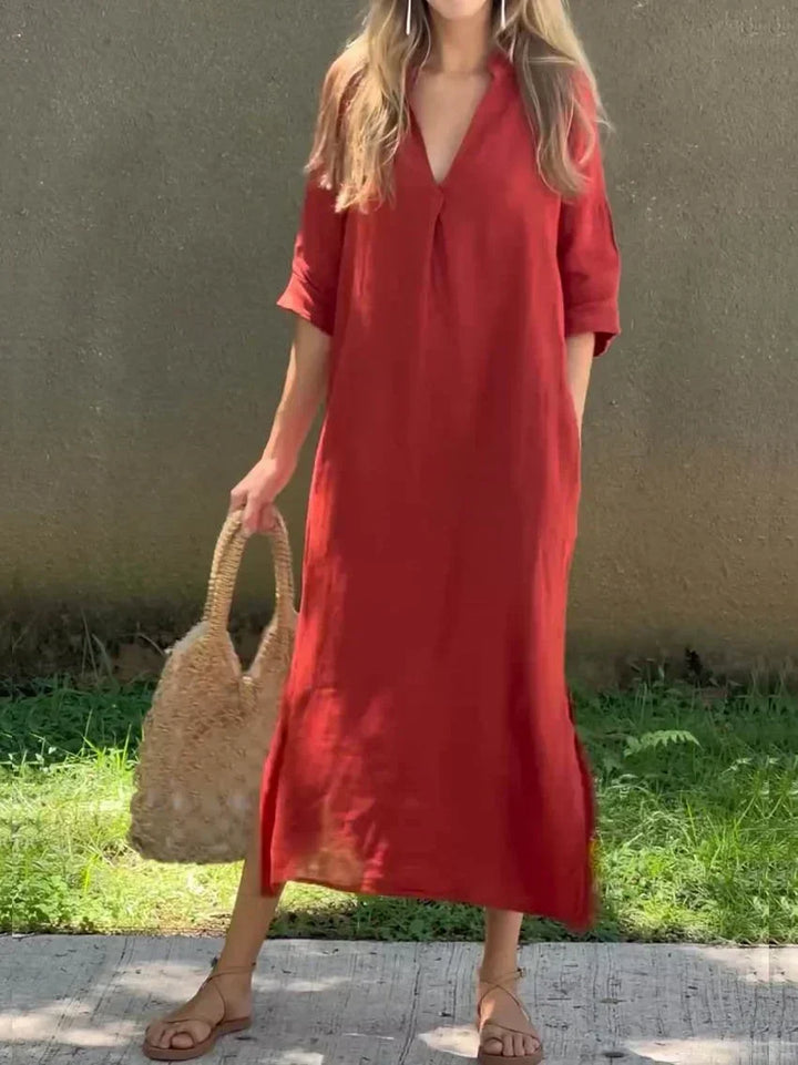 W&W Mode | Schlichte Leinenkleid mit V-Ausschnitt und Tasche