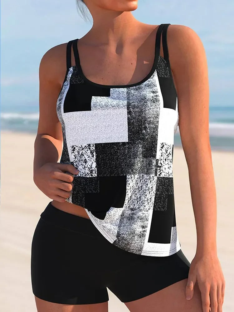 WW Tankini mit doppeltem Träger und geometrischem Aufdruck