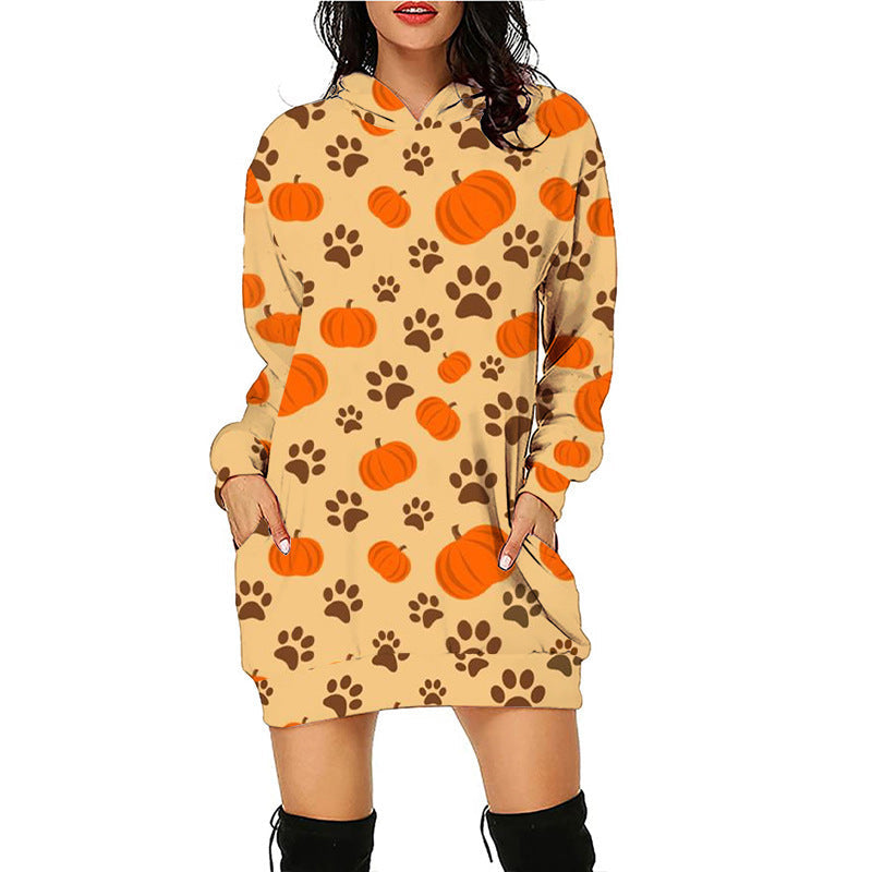 WW | Halloween-Druck midilange Taschen Kapuzen langärmliger Pullover