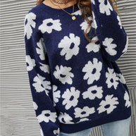 WW Blumen Rundhals Blauer Strickpullover