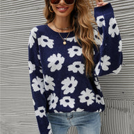 WW Blumen Rundhals Blauer Strickpullover