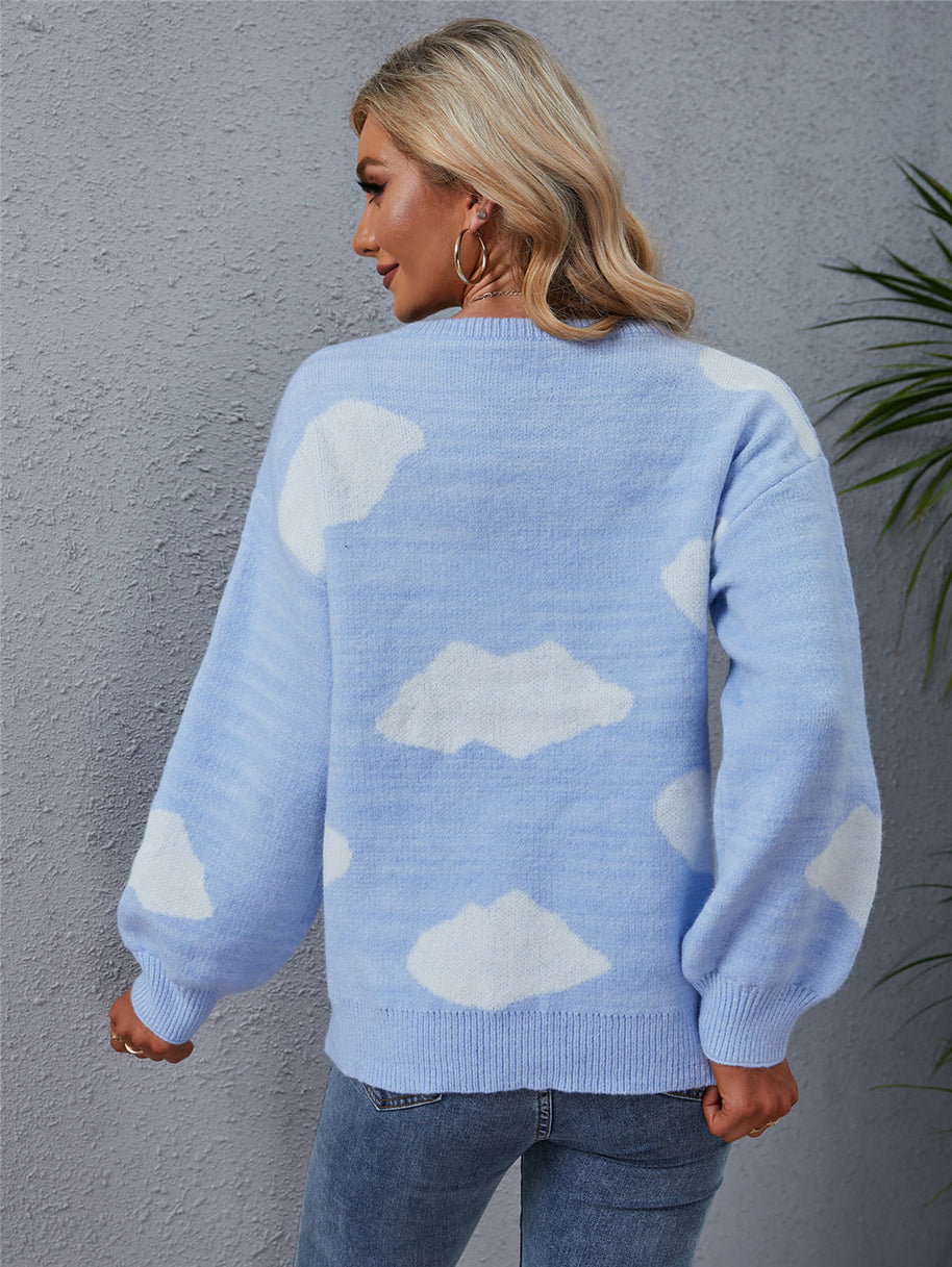 WW Weiß Wolkenmuster Rundhals Strickpullover