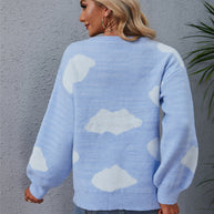 WW Weiß Wolkenmuster Rundhals Strickpullover