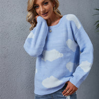 WW Weiß Wolkenmuster Rundhals Strickpullover