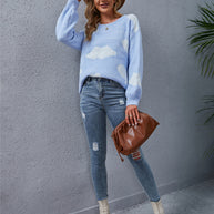 WW Weiß Wolkenmuster Rundhals Strickpullover