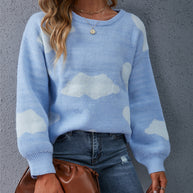 WW Weiß Wolkenmuster Rundhals Strickpullover