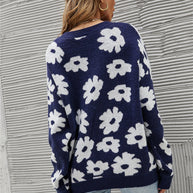 WW Blumen Rundhals Blauer Strickpullover