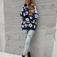WW Blumen Rundhals Blauer Strickpullover