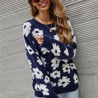WW Blumen Rundhals Blauer Strickpullover