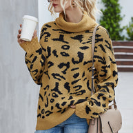 WW Lockere Leopardenmuster Umlegekragen Pullover