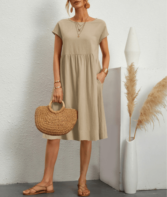 WW | Damen Baumwoll Leinen Midi Kleid
