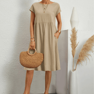 WW | Damen Baumwoll Leinen Midi Kleid