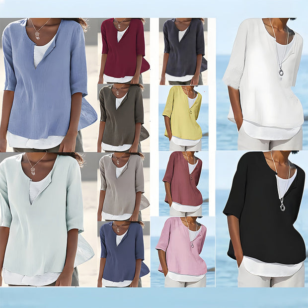 WW | Stilvolles, halbärmeliges Damenoberteil aus Baumwolle und Leinen