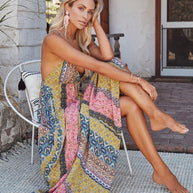 WW | Bohemian Maxikleid mit V-Ausschnitt und Druck für Damen