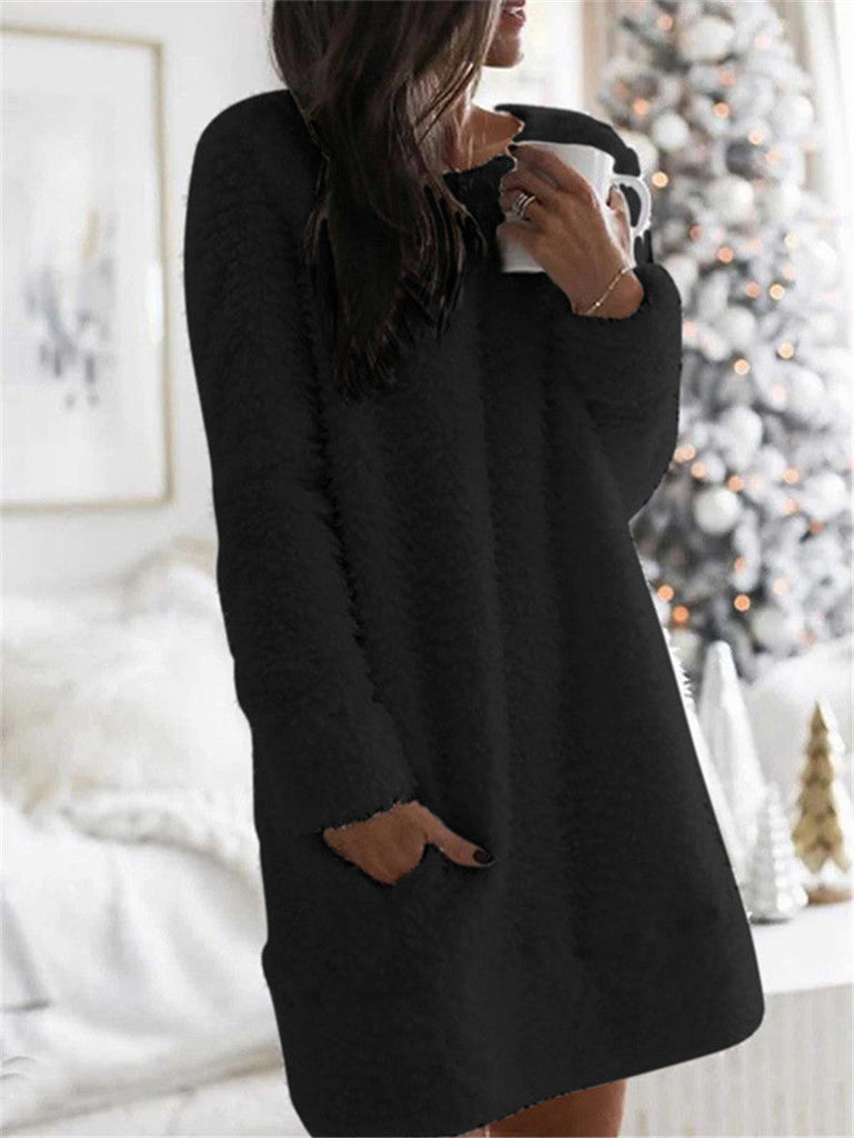 WW | Kleid Übergröße Flauschiger Deckenpullover mit Taschen