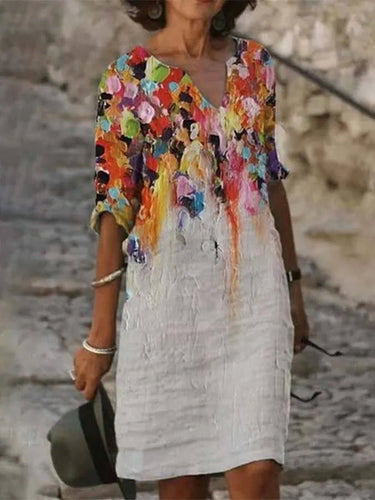 W&W Mode | Damenkleid Aus Baumwolle Und Leinen Mit Ausschnitt Und Druck Mit Ölgemälde