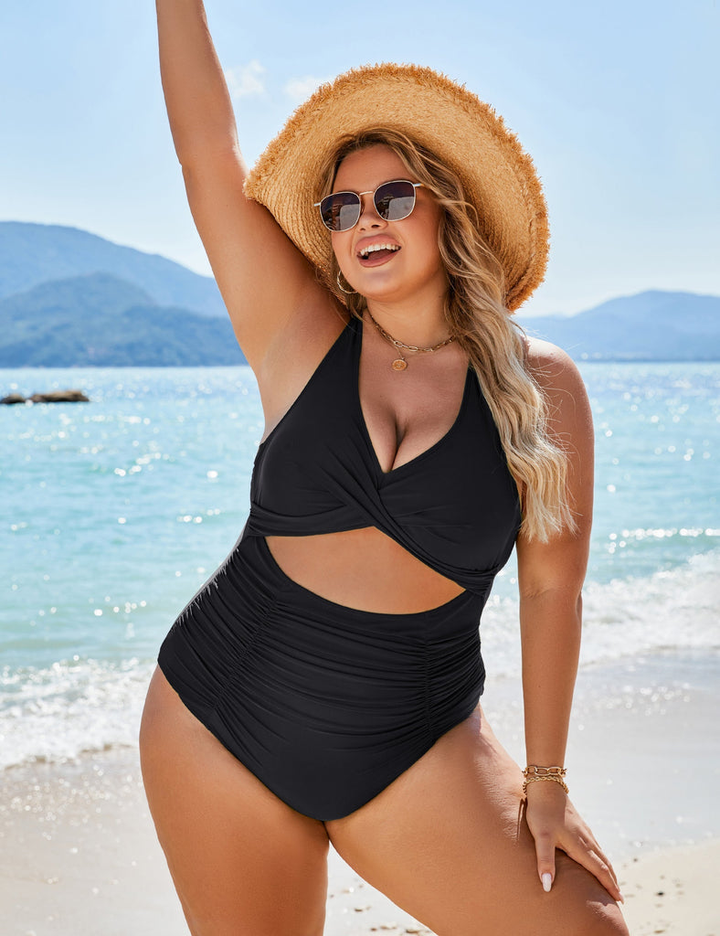 WW | Damen Einteiler Badeanzüge Push Up Bauchkontrolle Badeanzüge V-Ausschnitt Cutout Anständige Bademode