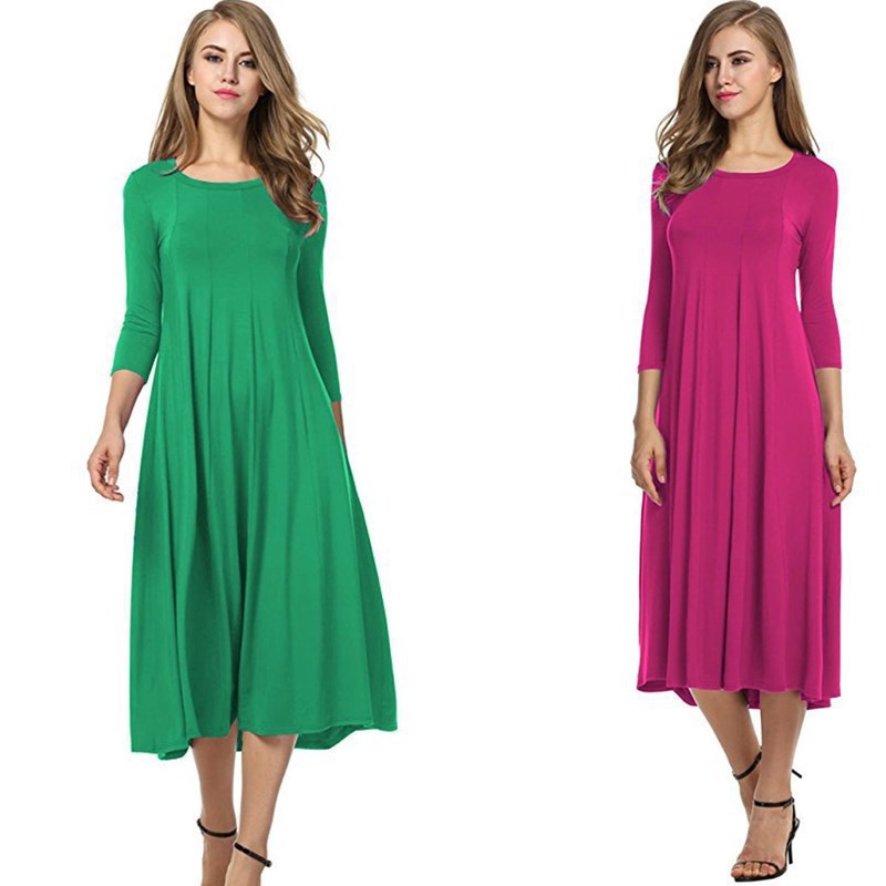 Damen Alltagstaugliches Midikleid mit 3/4-Ärmeln und schwingendem Rock WW