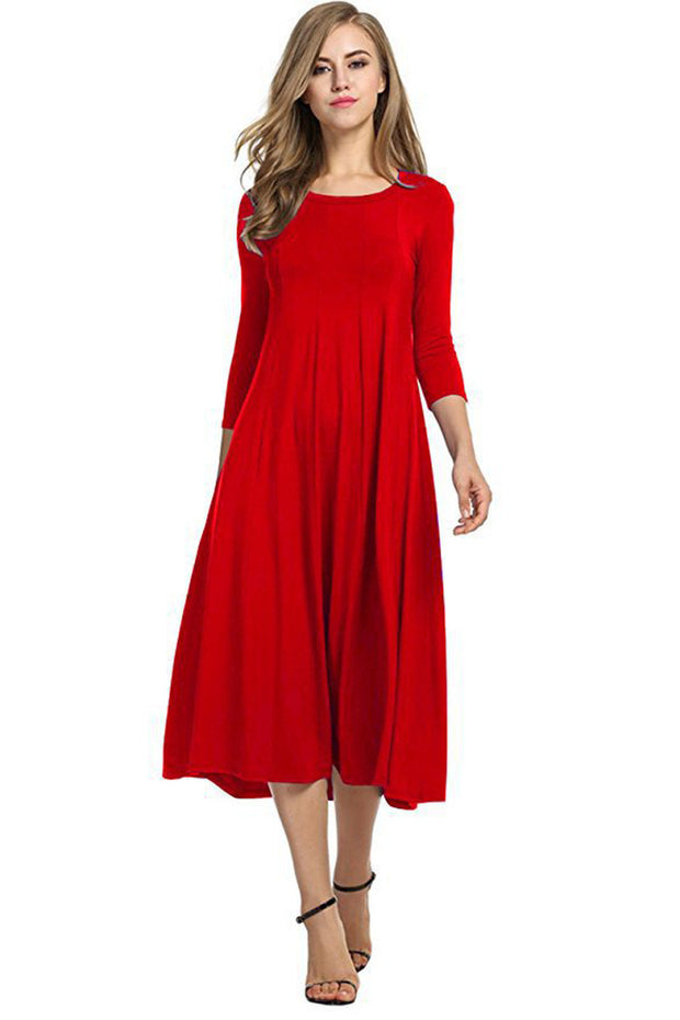 Damen Alltagstaugliches Midikleid mit 3/4-Ärmeln und schwingendem Rock WW