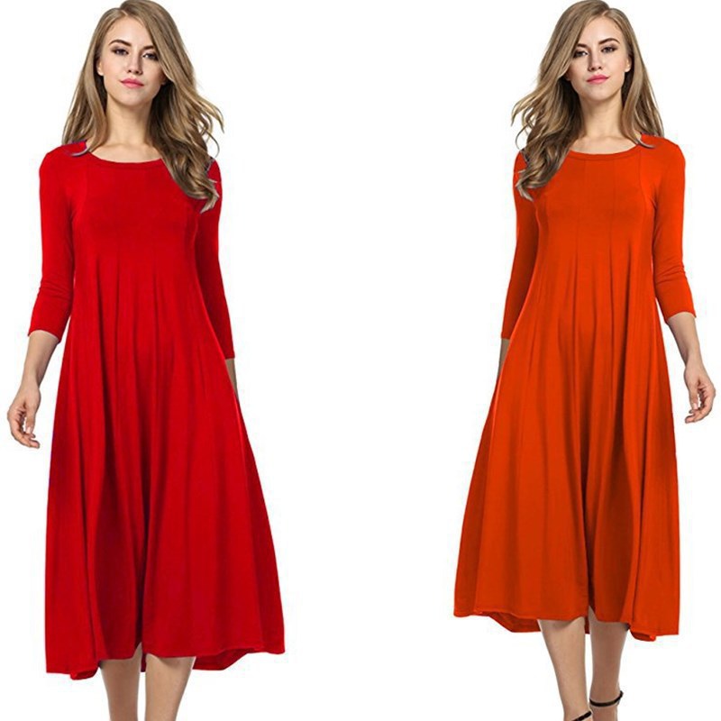 Damen Alltagstaugliches Midikleid mit 3/4-Ärmeln und schwingendem Rock WW