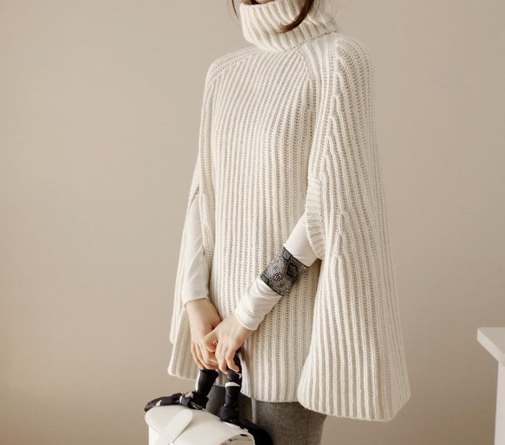 Damen Strickponcho mit dekorativem Rollkragen und eleganter Struktur WW