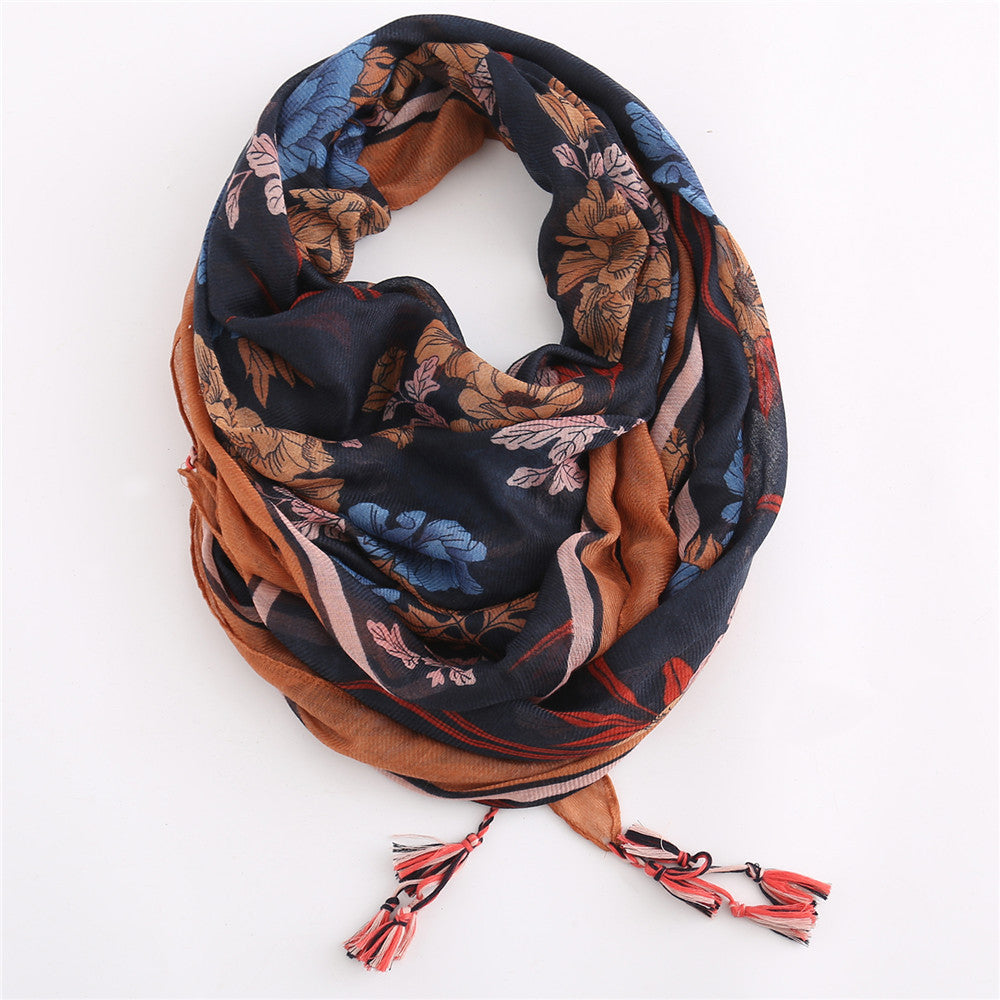 Damen Chiffon-Schal mit floralem Muster und eleganten Fransen WW