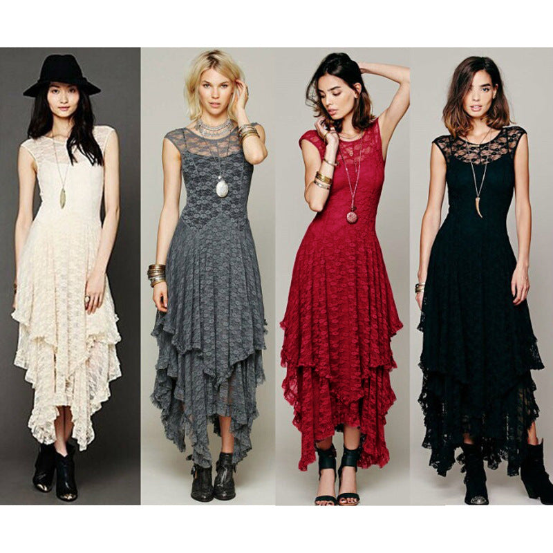 Damen Spitzen-Maxikleid mit lässigem Volantdesign und tiefem V-Ausschnitt WW