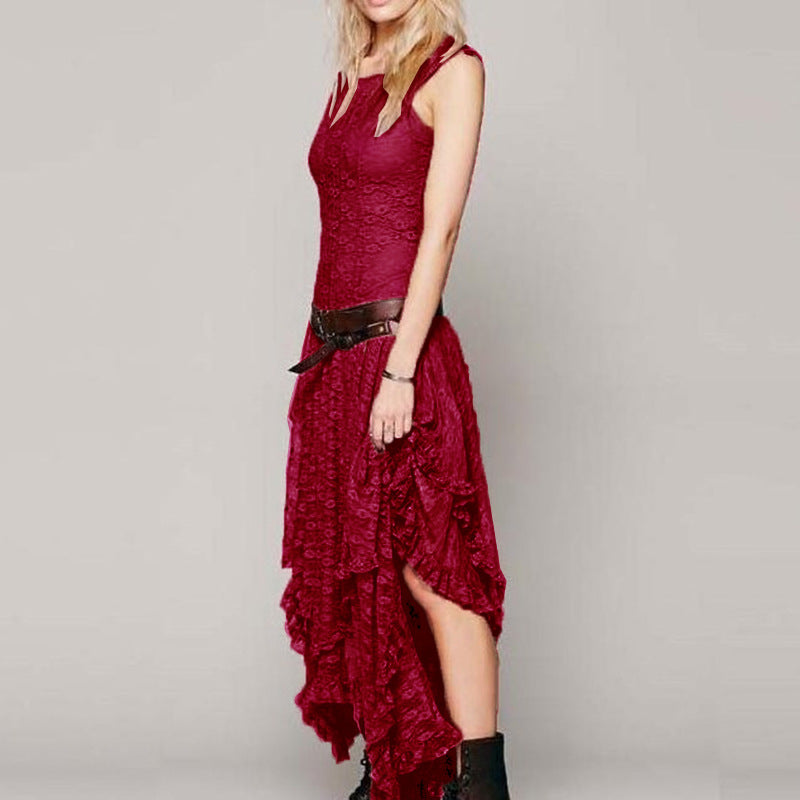 Damen Spitzen-Maxikleid mit lässigem Volantdesign und tiefem V-Ausschnitt WW